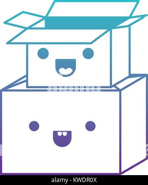 kawaii cardboard boxes stacked in degraded blue to purple color contour Stock Vector