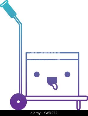 hand truck with kawaii cardboard box sealed in degraded blue to purple color contour Stock Vector