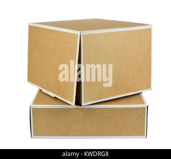Two cardboard square boxes with white edges, in two sizes, bigger box set on smaller one, isolated on white Stock Photo