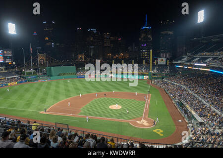 PNC Park, home field to the Pirates playing the Milwaukee Brewers on a  summer night looking down the left field line from the seats in Pittsburgh,  PA Stock Photo - Alamy