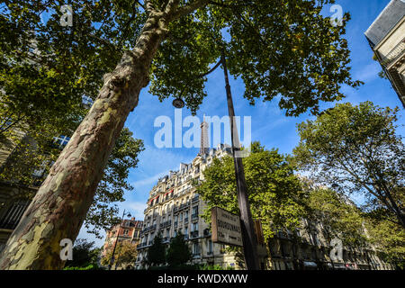 A quiet residential street in the 7th arrondissement of Paris France with a view of the Eiffel Tower in the distance above the apartment buildings Stock Photo