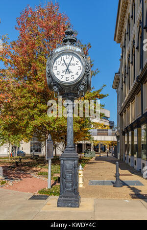 Old vintage, historical, town clock advertising Klein & Son Jewelers prominently displayed in downtown Montgomery, Alabama, USA. Stock Photo