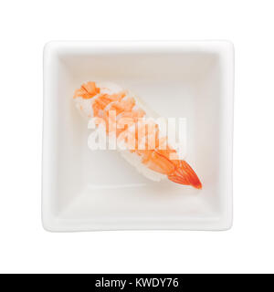 Sushi - Ebi nigiri in a square bowl isolated on white background Stock Photo