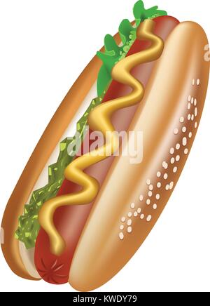 Hot dog vector illustration with white background - sesame bun and sausage with salad, mustard and special sauce Stock Vector