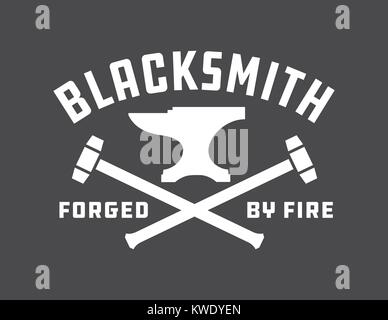 Blacksmith vector emblem or badge. Retro style blacksmith design with forging tools including hammers, anvil, tongs and fire. Stock Vector