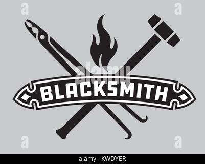 Blacksmith vector emblem or badge. Retro style blacksmith design with forging tools including hammers, anvil, tongs and fire. Stock Vector