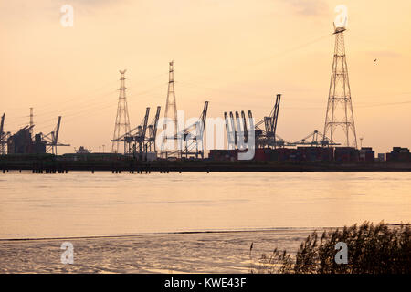 Container harbor and power lines in the harbor of Antwerp, Belgium. View over Scheldt River. Stock Photo
