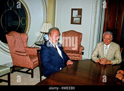 Judge Robert H. Bork, United States President Ronald Reagan's nominee for Associate Justice of the U.S. Supreme Court, meets with U.S. Senate Majority Leader Robert C. Byrd (Democrat of West Virginia) in the U.S. Capitol on July 9, 1987.  Bork passed away on December 19, 2012..Credit: Ron Sachs / CNP /MediaPunch Stock Photo