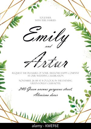 Vector floral design card. Green fern forest leaves herb plant greenery mix. Natural botanical Greeting wedding invitation, invite template. Stock Vector