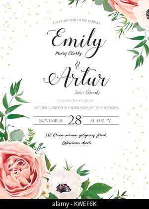 Wedding floral invite invitation card design: Rose pink lavender flower, white anemones, wax, Eucalyptus branch greenery leaves watercolor style, rust Stock Vector