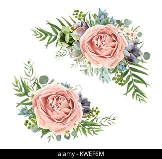 Vector floral bouquet design: garden pink peach lavender Rose wax flower, Eucalyptus branch, green fern palm leaves, succulent berry. Wedding vector Stock Vector