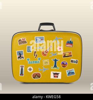 Vector travel stickers, labels with famous countries, cities, monuments and symbols on suitcase in retro vintage style isolated on white. Includes Italy, France, Russia, USA, England, India, Japan etc Stock Vector