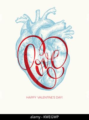 Valentines day card with Human heart and Love lettering. Vector illustration Stock Vector