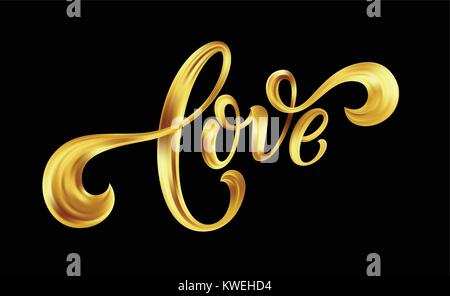 Love gold lettering text on background, hand painted letter, golden valentines day handwritten calligraphy for greeting card, invitation, wedding, save the date. Vector illustration Stock Vector