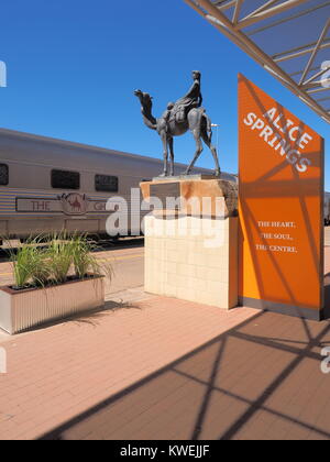 Alice Springs, Australia - September 7, 2017: The famous Ghan railway at the Alice Springs terminal with a local sign Stock Photo