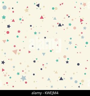 Abstract pattern with pastels colorful blue, gray, pink, orange  small circles, stars and triangles on yellow background. Infinity geometric. Vector i Stock Vector