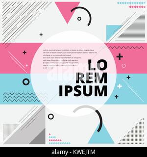 Abstract geometric composition forms modern background with decorative triangles, circle, cross, wavy, lines and patterns blue and pink color backdrop Stock Vector