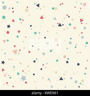 Abstract pattern with pastels colorful blue, gray, pink, orange  small circles, stars and triangles on yellow background. Infinity geometric. Vector i Stock Vector