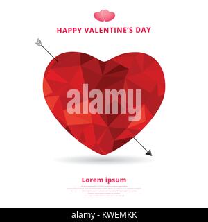 3d origami heart low polygon design with arrow and shadow for valentines day. vector illustration. Stock Vector