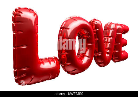 A set of four metallic balloon letters spelling the word love to commemorate valentines day on an isolated white background - 3D render Stock Photo
