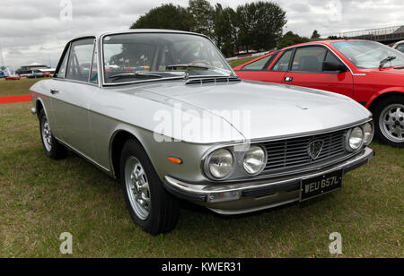 Three-quarter front view of a  1973 Lancia Fulvia, 1.3S Coupe, on display at the 2017 Silverstone Classic Stock Photo