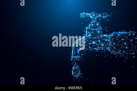 Dripping tap with drop form lines and triangles, point connecting network on blue background. Illustration vector Stock Vector