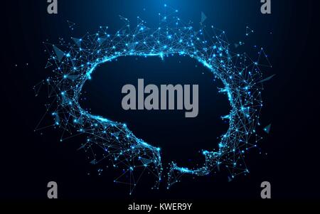 Abstract brain form lines and triangles, point connecting network on blue background. Illustration vector Stock Vector