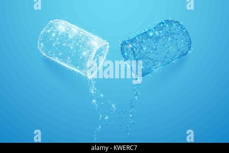 Abstract opened capsule form lines and triangles, point connecting network on blue background. Illustration vector Stock Vector