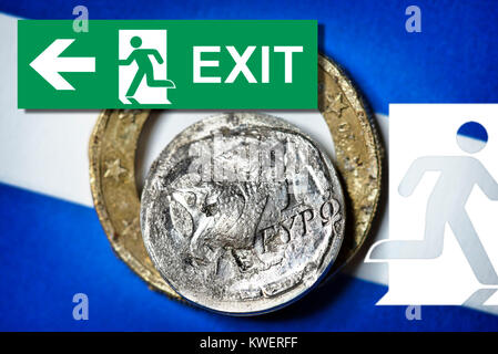 Destroyed Greek euro and Exit sign, symbolic photo Grexit, Zerstoerter griechischer Euro und Exit-Schild, Symbolfoto Grexit Stock Photo