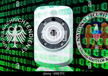 Webcam and sign of Federal Intelligence Service and NSA, symbolic photo Federal Intelligence Service scandal, Webcam und Zeichen von BND und NSA, Symb Stock Photo