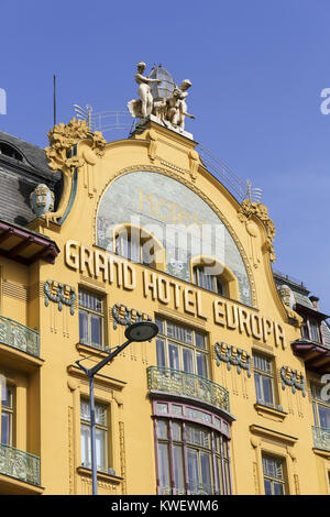 Grand Hotel Europa is a famous art nouveau style hotel on Wenceslas Square in the center of Prague, Czech Republic Stock Photo