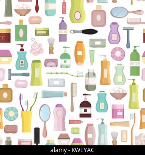 Beauty care related set background. Hygiene symbol seamless pattern. Bath supplies, shower, tooth care, brushes, towel and razors. Stock Vector