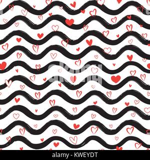 Abstract waves of love seamless pattern with hearts. Stylish holiday background. Wavy line ornamental wallpaper. Water wave line stripes with falling  Stock Vector