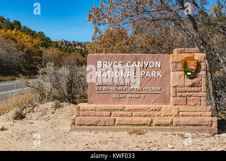 BRYCE, UTAH, USA - OCTOBER 17, 2017: Bryce Canyon National Park entrance sign along scenic byway 12 in Utah Stock Photo