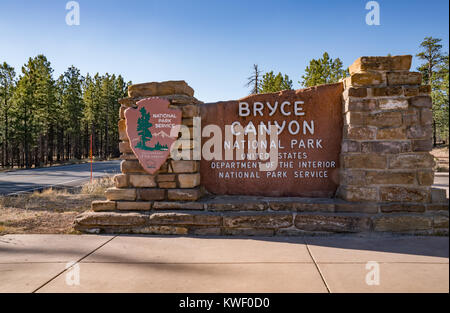 BRYCE, UTAH - OCTOBER 20, 2017: Entrance sign to Bryce Canyon National Park in Bryce, Utah Stock Photo