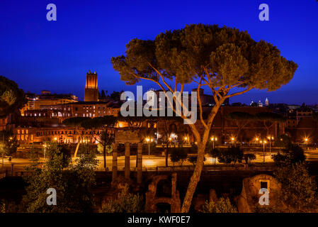 Night view of Via dei Fori Imperiali and Trajan Markets seen from the Capitol Hill, listed as World Heritage by UNESCO, Rome, Lazio, Italy Stock Photo