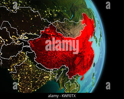 Satellite morning view of China highlighted in red on planet Earth with visible border lines and city lights. 3D illustration. Elements of this image  Stock Photo