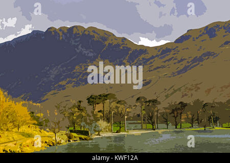 A poster style illustration taken from a photograph of Buttermere in the Lake District national Park, Cumbria, England, UK Stock Photo