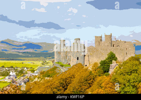 A poster style illustration taken from a photograph of Harlech Castle, North Wales, UK Stock Photo
