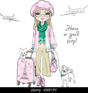 Vector beautiful fashion girl travels the world Stock Vector