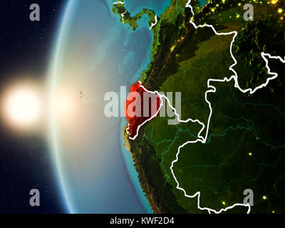 Illustration of Ecuador as seen from Earth’s orbit during sunset with visible country borders. 3D illustration. Elements of this image furnished by NA Stock Photo