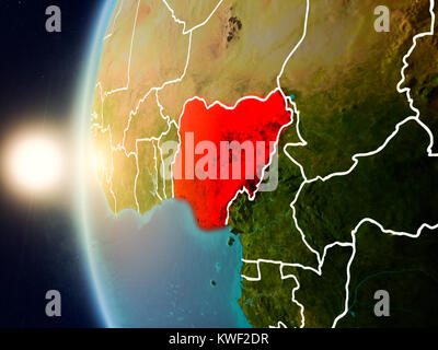 Illustration of Nigeria as seen from Earth’s orbit during sunset with visible country borders. 3D illustration. Elements of this image furnished by NA Stock Photo