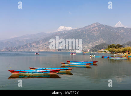 Traditional wooden rowbaots in Phewa lake in Pokhara, at the feet of the Annapurna mountain range in Nepal in South Asia with the Machapuchare peak in Stock Photo