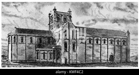 WHITBY ABBEY RESTORED , North Yorkshire UK - An  artists impression of the original  Norman church whose foundations can be seen inside the present abbey ruins - 1938 illustrations) Stock Photo