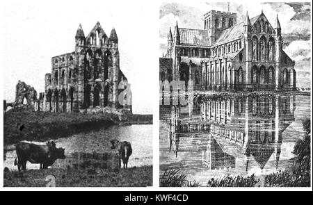 WHITBY ABBEY RESTORED , North Yorkshire UK - The abbey and its fishpond  as it is today and as an artists impression of its original form (1938 illustrations) Stock Photo