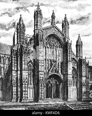 WHITBY ABBEY RESTORED , An artists impression of the original  main western doorway as it would have been (1938 illustration) Stock Photo