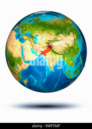 Pakistan in red on model of planet Earth hovering in space. 3D illustration isolated on white background. Elements of this image furnished by NASA. Stock Photo