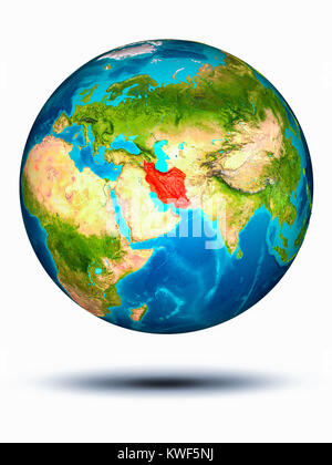 Iran in red on model of planet Earth hovering in space. 3D illustration isolated on white background. Elements of this image furnished by NASA. Stock Photo