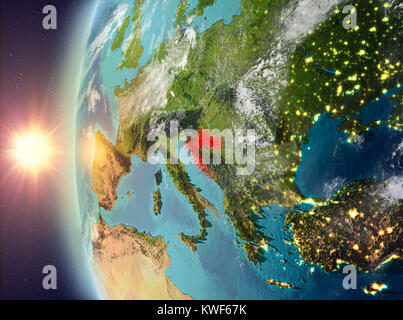 Croatia as seen from space on planet Earth during sunset. 3D illustration. Elements of this image furnished by NASA. Stock Photo