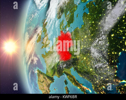 Germany as seen from space on planet Earth during sunset. 3D illustration. Elements of this image furnished by NASA. Stock Photo